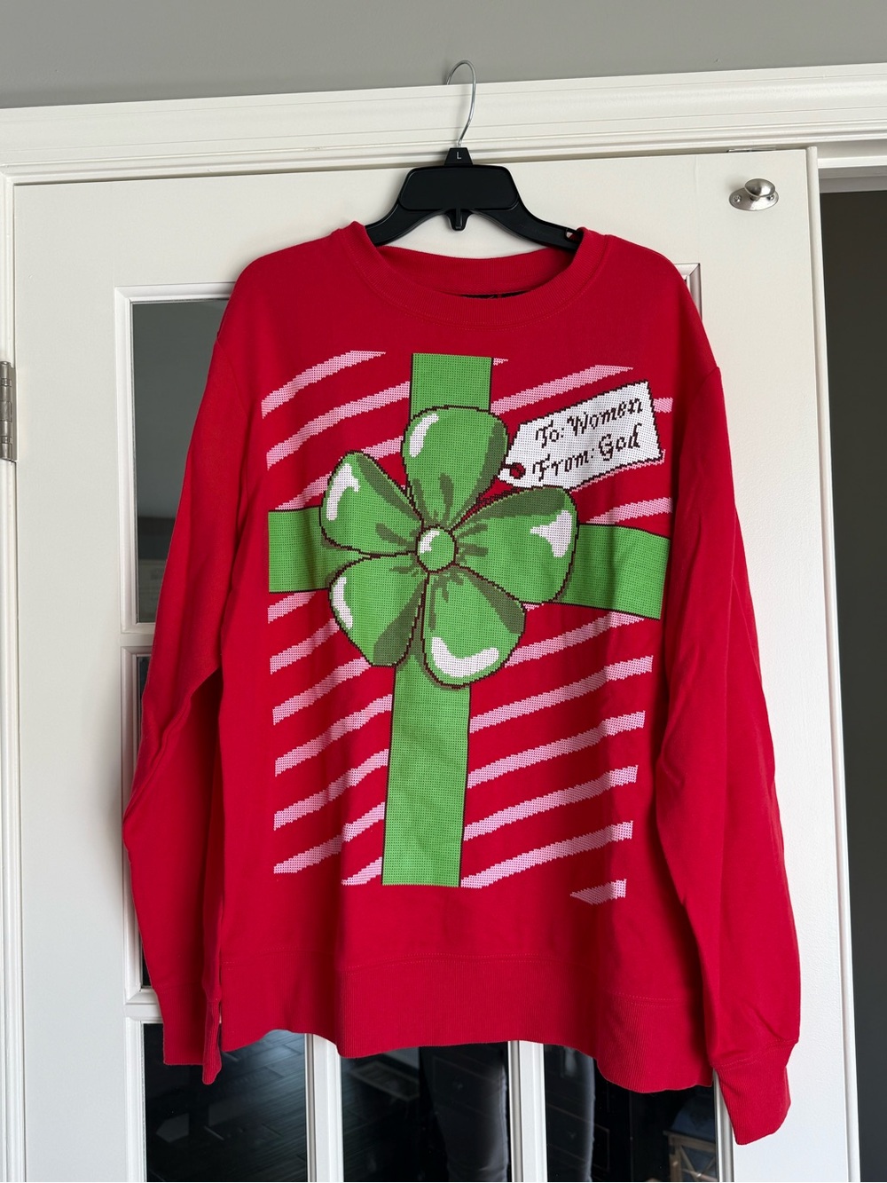 Red Holiday Graphic Sweater with Green Bow